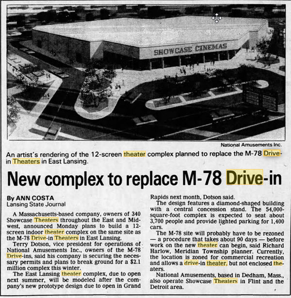 M-78 Twin/Triple Drive-In Theatre - Oct 29 1985 Article This Plan Was Later Changed To Build Super Cinema